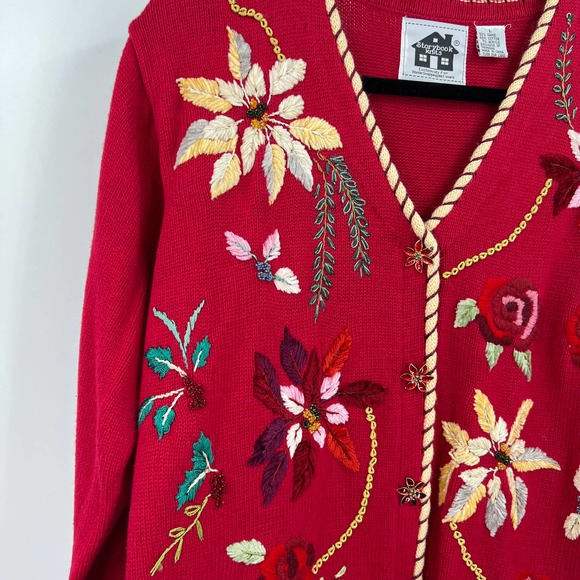 Vintage Storybrook Knits Long Sweater Cardigan Embroidered Poinsettia Large - Picture 3 of 10